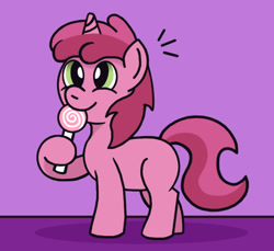 Size: 721x661 | Tagged: safe, artist:gogglesparks, derpibooru import, ruby pinch, pony, unicorn, candy, candy shop, cute, female, filly, food, herbivore, lollipop, pinchybetes, purple background, shadow, shop, simple background, sweet