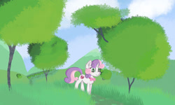 Size: 1920x1152 | Tagged: safe, artist:coffeeponee, derpibooru import, sweetie belle, bowtie, cloud, female, field, grass, hill, mare, mountain, scenery, solo, tree