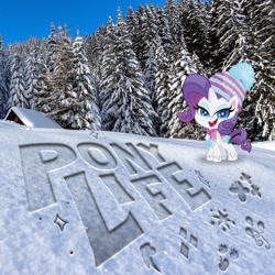 Size: 1080x1080 | Tagged: safe, derpibooru import, rarity, pony, unicorn, my little pony: pony life, clothes, instagram, irl, official, photo, ponies in real life, scarf, snow, solo, winter outfit