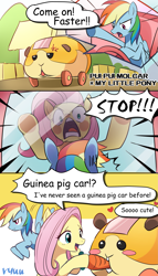 Size: 1755x3072 | Tagged: safe, artist:ryuu, derpibooru import, fluttershy, rainbow dash, hamster, pegasus, pony, blush sticker, blushing, car, carrot, comic, cross-popping veins, crossover, cute, dialogue, driving, eating, female, floating heart, food, heart, mare, open mouth, pui pui molcar, rainbow dash is not amused, that pony sure does love animals, unamused