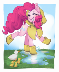 Size: 3109x3775 | Tagged: safe, artist:taytinabelle, derpibooru import, pinkie pie, bird, duck, earth pony, pony, booties, boots, button, chest fluff, clothes, cloud, cute, cutie mark, diapinkes, dock, duckling, ear fluff, ears, eyes closed, female, grass, happy, hoodie, jacket, mare, playing, puddle, rain boots, raincoat, raised hoof, raised tail, shoes, sky, smiling, splash, splashing, tail, water