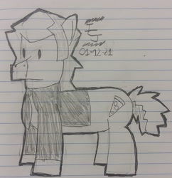 Size: 1836x1893 | Tagged: safe, artist:icecreamjaxxie, derpibooru import, earth pony, pony, clothes, crossover, dot eyes, food, khonjin, khonjin house, lined paper, male, necktie, pizza, ponified, solo, suit, thick outline, traditional art