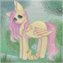 Size: 1300x1300 | Tagged: safe, artist:saltyvity, derpibooru import, fluttershy, bird, butterfly, duck, pegasus, pony, cute, female, forest, mare, outdoors, rain, shyabetes, solo