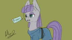 Size: 1920x1080 | Tagged: safe, artist:aliceg, maud pie, earth pony, pony, gorgoalice daily pony, belt, clothes, dialogue, female, gray coat, green background, looking to side, looking to the left, mare, open mouth, poggers, purple mane, purple tail, signature, simple background, solo, speech bubble