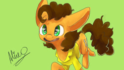 Size: 1920x1080 | Tagged: safe, artist:aliceg, cheese sandwich, gorgoalice daily pony, brown mane, brown tail, clothes, cutie mark, ears, green background, green eyes, large ears, male, open mouth, orange coat, raised hoof, running, shirt, signature, simple background, solo, stallion