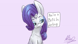 Size: 1920x1080 | Tagged: safe, artist:aliceg, rarity, pony, unicorn, gorgoalice daily pony, blue eyes, dialogue, eyeshadow, female, horn, looking to side, looking to the right, mare, purple mane, signature, simple background, solo, speech bubble, vulgar, white background, white coat