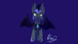 Size: 1920x1080 | Tagged: safe, artist:aliceg, bat pony, pony, gorgoalice daily pony, amber eyes, armor, bat wings, blue background, ear fluff, ears, fangs, golden eyes, gray coat, helmet, horseshoes, large ears, looking behind viewer, looking behind you, male, royal guard, royal night guard, signature, simple background, slit eyes, solo, stallion
