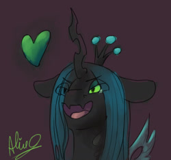 Size: 1152x1080 | Tagged: safe, artist:aliceg, queen chrysalis, changeling, changeling queen, gorgoalice daily pony, changeling horn, changeling wings, chitin, eye clipping through hair, fangs, female, green eyes, heart, horn, insect wings, jagged horn, mare, open mouth, purple background, signature, simple background, smiling, solo, wings