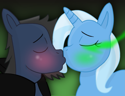 Size: 1215x933 | Tagged: safe, artist:grapefruitface1, queen chrysalis, trixie, oc, oc:manerg, changeling, changeling queen, blushing, canon x oc, disguised changeling, eyes closed, glowing eyes, kissing