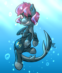 Size: 2200x2600 | Tagged: safe, artist:frecklesfanatic, oc, oc only, oc:cannonball, original species, shark, shark pony, fangs, looking at you, one eye closed, smiling, species swap, swimming, tail, underwater, water, wink, winking at you