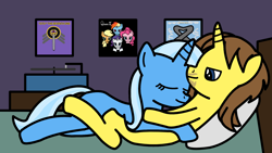 Size: 1920x1080 | Tagged: safe, artist:manerg, ponybooru exclusive, trixie, oc, oc:grapefruit face, unicorn, album cover, bed, canon x oc, eyes closed, female, grapexie, male, mare, queen (band), record player, shipping, stallion, toto (band), tubular bells