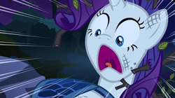 Size: 720x404 | Tagged: safe, screencap, rarity, pony, unicorn, castle mane-ia, bruised, d:, everfree forest, screaming, shrunken pupils, solo, tapestry, uvula