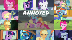 Size: 1974x1111 | Tagged: safe, derpibooru import, edit, edited screencap, editor:quoterific, screencap, applejack, candy mane, fluttershy, lyra heartstrings, pinkie pie, rainbow dash, rarity, twilight sparkle, twilight sparkle (alicorn), alicorn, earth pony, pegasus, pony, unicorn, boast busters, fame and misfortune, flutter brutter, for whom the sweetie belle toils, newbie dash, parental glideance, pinkie pride, ppov, sisterhooves social, the cutie map, the mane attraction, the times they are a changeling, what about discord?, applejack is not amused, background pony, bedroom eyes, broom, female, fluttershy is not amused, gritted teeth, looking at you, mane six, mare, measuring tape, pinkie pie is not amused, rainbow dash is not amused, rarity is not amused, twilight is not amused, unamused