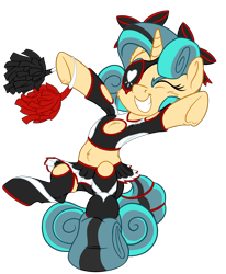 Size: 1782x2160 | Tagged: safe, artist:pirill, derpibooru import, oc, oc only, oc:fidget, pony, unicorn, bow, cheerleader, cheerleader outfit, clothes, compression shorts, eyebrows, eyepatch, eyes closed, grin, heart, horn, multicolored mane, pom pom, simple background, skirt, smiling, solo, tail stand, transparent background, underhoof