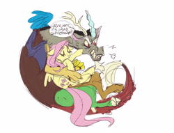 Size: 2606x1992 | Tagged: safe, artist:lunnitavaldez, derpibooru import, discord, fluttershy, draconequus, pegasus, pony, angry, cute, dialogue, discoshy, ears, eyes closed, fangs, female, floppy ears, male, mare, overprotective, shipping, simple background, speech bubble, straight, white background