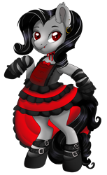 Size: 1153x1884 | Tagged: safe, artist:beashay, derpibooru import, oc, oc only, oc:valentora, bat pony, earth pony, pony, undead, vampire, vampony, bipedal, bow, bowtie, buckle, choker, clothes, commission, curly hair, curly mane, dress, ear piercing, earring, fangs, female, jewelry, looking at you, mare, piercing, red eyes, shoes, simple background, solo, standing, straps, striped mane, stripes, transparent background, wingless, wingless bat pony