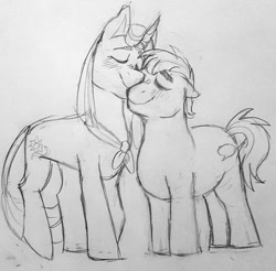 Size: 750x739 | Tagged: safe, artist:verikoira, derpibooru import, clear sky, quibble pants, earth pony, pony, unicorn, eyes closed, female, male, mare, monochrome, quibblesky, shipping, stallion, straight, traditional art