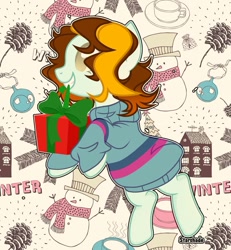 Size: 1080x1169 | Tagged: safe, artist:tea_fairyuwu, derpibooru import, oc, oc only, earth pony, pony, clothes, earth pony oc, grin, hat, pinecone, present, rearing, scarf, smiling, snowman, solo, sweater