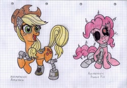 Size: 1024x712 | Tagged: safe, artist:emalajiss36, derpibooru import, applejack, pinkie pie, earth pony, pony, robot, robot pony, animatronic, animatronic pony, black sclera, crossover, duo, eyelashes, female, five nights at freddy's, freckles, graph paper, hat, mare, rearing, smiling, traditional art