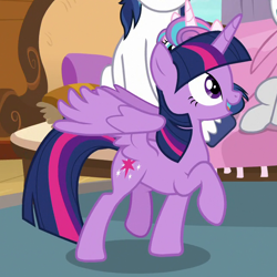 Size: 640x640 | Tagged: safe, derpibooru import, screencap, princess flurry heart, shining armor, twilight sparkle, twilight sparkle (alicorn), alicorn, pony, unicorn, once upon a zeppelin, cropped, cute, female, male, mare, open mouth, raised hoof, raised leg, raised wings, smiling, solo focus, stallion, twiabetes, wings