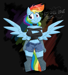 Size: 1500x1650 | Tagged: safe, artist:flutterthrash, derpibooru import, rainbow dash, anthro, pegasus, clothes, female, solo, solo female, stockings, text, thigh highs, wings