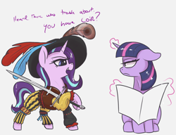 Size: 1890x1450 | Tagged: safe, artist:t72b, derpibooru import, starlight glimmer, twilight sparkle, pony, unicorn, annoyed, clothes, duo, feather, female, frilly, greatsword, hat, historical roleplay starlight, hoof hold, landsknecht, looking at each other, magic, mare, simple background, sword, twilight is not amused, unamused, weapon, white background, zweihander