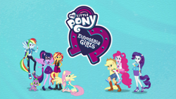 Size: 1440x810 | Tagged: safe, derpibooru import, edit, applejack, fluttershy, pinkie pie, rainbow dash, rarity, sci-twi, spike, spike the regular dog, sunset shimmer, twilight sparkle, dog, equestria girls, equestria girls series, clothes, converse, equestria girls logo, geode of empathy, geode of fauna, geode of shielding, geode of sugar bombs, geode of super speed, geode of super strength, geode of telekinesis, humane five, humane seven, humane six, intro, logo, logo edit, magical geodes, ponied up, pony ears, rarity peplum dress, scitwilicorn, shoes, wings
