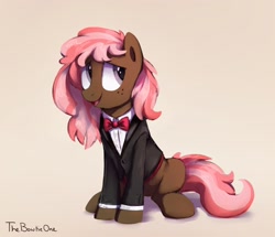 Size: 1722x1480 | Tagged: safe, artist:thebowtieone, derpibooru import, oc, oc only, oc:scarlet trace (coffee bean), earth pony, pony, bowtie, clothes, commission, female, mare, open mouth, simple background, sitting, smiling, solo, suit