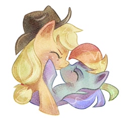 Size: 776x724 | Tagged: safe, artist:camaleao, derpibooru import, applejack, rainbow dash, earth pony, pegasus, pony, appledash, female, kissing, lesbian, shipping, simple background