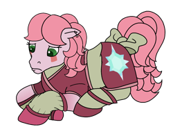 Size: 1270x931 | Tagged: safe, artist:guruyunus17, derpibooru import, earth pony, pony, g1, my little pony 'n friends, season 1, aelita schaeffer, base used, bow, clothes, code lyoko, cutie mark, cutie mark on clothes, ear piercing, ears, female, floppy ears, green eyes, lying down, mare, medibang paint, piercing, pink hair, ponified, sad, simple background, solo, tail bow, transparent background