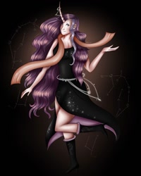 Size: 1080x1350 | Tagged: safe, artist:rxndxm.artist, derpibooru import, oc, oc only, human, boots, clothes, dress, female, high heel boots, horn, horn jewelry, horned humanization, humanized, jewelry, makeup, shoes, smiling, solo