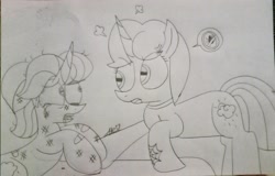 Size: 3360x2156 | Tagged: safe, artist:guruyunus17, derpibooru import, november rain, spring rain, pony, unicorn, abuse, bad, brother and sister, duo, female, male, mare, no, open mouth, pencil drawing, rain siblings, siblings, traditional art, upset