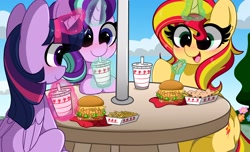 Size: 4096x2496 | Tagged: safe, artist:kittyrosie, derpibooru import, starlight glimmer, sunset shimmer, twilight sparkle, twilight sparkle (alicorn), alicorn, pony, unicorn, blushing, burger, cute, digital art, female, food, french fries, glimmerbetes, hay fries, magic, mare, shimmerbetes, smiling, trio, twiabetes