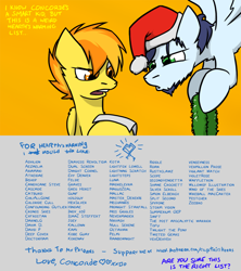 Size: 1280x1440 | Tagged: safe, artist:captainhoers, derpibooru import, soarin', spitfire, pegasus, pony, christmas, female, firestarter spitfire, hat, holiday, list, male, mare, santa hat, shipping, soarinfire, stallion, straight