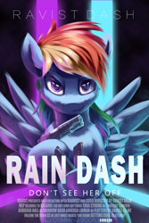 Size: 1200x1800 | Tagged: safe, artist:ravistdash, derpibooru import, rainbow dash, pegasus, pony, bullet, gun, handgun, john wick, looking at you, m45a1, magazine, pistol, poster, propaganda, smiling, solo, standing, text, weapon, wings