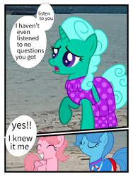Size: 960x1280 | Tagged: safe, artist:guruyunus17, derpibooru import, glitter drops, spring rain, alicorn, pony, unicorn, series:sprglitemplight diary, series:sprglitemplight life jacket days, aelita schaeffer, amused, base used, blue body, blue hair, clothes, code lyoko, comic, crossover, duo, eyes closed, female, green body, green hair, grin, gritted teeth, mare, medibang paint, open mouth, pink body, pink hair, ponified, real life background, smiling, text
