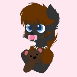 Size: 1841x1835 | Tagged: safe, artist:vaiola, derpibooru import, oc, oc:coco, hybrid, original species, advertisement, avatar, baby, big eyes, bust, claws, commission, cute, ear fluff, ears, eyebrows, eyebrows visible through hair, female, fluffy, hug, icon, jewelry, necklace, pacifier, pink background, portrait, shy, simple background, solo, teddy bear, ych result