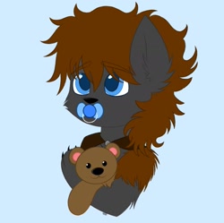 Size: 1841x1835 | Tagged: safe, artist:vaiola, derpibooru import, oc, oc:cherokee, hybrid, original species, advertisement, avatar, baby, big eyes, blue background, bust, claws, colored sketch, commission, cute, ear fluff, ears, eyebrows, eyebrows visible through hair, fluffy, hug, icon, male, pacifier, portrait, shy, simple background, solo, teddy bear, ych result