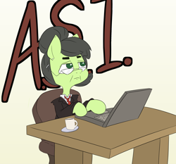Size: 3000x2793 | Tagged: safe, artist:happy harvey, derpibooru import, oc, oc:anon filly, earth pony, pony, clothes, coaster, coffee, coffee mug, colored pupils, computer, computer chair, desk, drawn on phone, elderly, female, filly, glasses, gray mane, hair bun, hairclip, laptop computer, looking up, mare, mug, necktie, older, sitting, suit