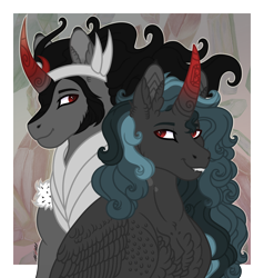 Size: 4000x4200 | Tagged: safe, artist:akumajdragon, derpibooru import, king sombra, oc, alicorn, changepony, hybrid, pony, unicorn, bust, father and child, father and son, interspecies offspring, male, offspring, parent and child, parent:king sombra, parent:queen chrysalis, parents:chrysombra, stallion
