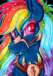 Size: 3449x4878 | Tagged: safe, artist:julunis14, derpibooru import, rainbow dash, pegasus, pony, armor, chest fluff, ear fluff, ears, fangs, feather, gameloft, gameloft interpretation, markers, nightmare, nightmare rainbow dash, nightmarified, solo, traditional art