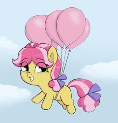 Size: 1812x1888 | Tagged: safe, artist:heretichesh, derpibooru import, kettle corn, earth pony, pony, balloon, blushing, bow, cloud, cute, female, filly, floating, flying, hair bow, happy, sky, solo, tail bow