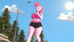 Size: 1920x1080 | Tagged: safe, artist:neondonut, derpibooru import, pinkie pie, anthro, earth pony, 3d, belly button, breasts, clothes, cloud, female, jogging, lamppost, outdoors, pinkie pies, shorts, sky, smiling, solo, solo female, source filmmaker, sports bra, sports shorts, sweat, tail, thighs, tree, wide hips