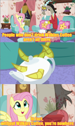 Size: 640x1074 | Tagged: safe, derpibooru import, edit, edited screencap, screencap, discord, fluttershy, draconequus, pegasus, pony, discordant harmony, comic, male, screencap comic, text, wilkins coffee