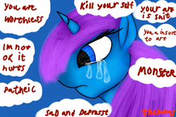 Size: 3000x2000 | Tagged: safe, artist:thebamas, derpibooru import, oc, oc:roxy, unicorn, crying, crying inside, depressed, depression, quotes, sad, solo, text