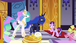 Size: 1920x1080 | Tagged: safe, derpibooru import, screencap, princess celestia, princess luna, starlight glimmer, alicorn, pony, unicorn, a royal problem, female, food, mare, pancakes