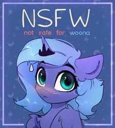 Size: 1800x2000 | Tagged: safe, artist:reterica, derpibooru import, princess luna, alicorn, pony, blushing, chest fluff, female, filly, looking at you, not safe for woona, nsfw, s1 luna, solo, sweat, sweatdrop, woona, younger