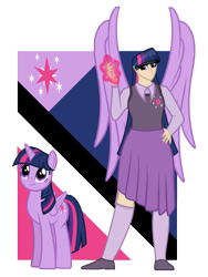 Size: 4500x6000 | Tagged: safe, artist:cyril_deroach, derpibooru import, twilight sparkle, twilight sparkle (alicorn), alicorn, human, pony, art pack:equestria humanized project, abstract background, clothes, cutie mark, cutie mark on clothes, duality, duo, duo female, female, human ponidox, humanized, magic, mare, self ponidox, show accurate, simple background, transparent background, winged humanization, wings