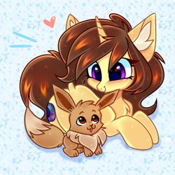 Size: 3000x3000 | Tagged: safe, artist:pesty_skillengton, derpibooru import, oc, oc:astral flare, pony, unicorn, abstract background, blushing, chest fluff, chibi, cutie, dock, ear fluff, ears, eevee, female, looking at each other, lying down, mare, open mouth, pokémon, prone, smiling, solo