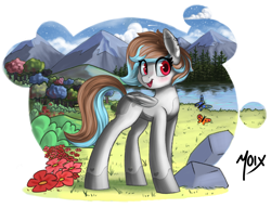 Size: 2600x2000 | Tagged: safe, artist:supermoix, derpibooru import, oc, oc only, butterfly, pegasus, pony, cute, eye clipping through hair, female, flower, forest, looking at you, mare, mountain, open mouth, rock, scenery, simple background, smiling, smiling at you, solo